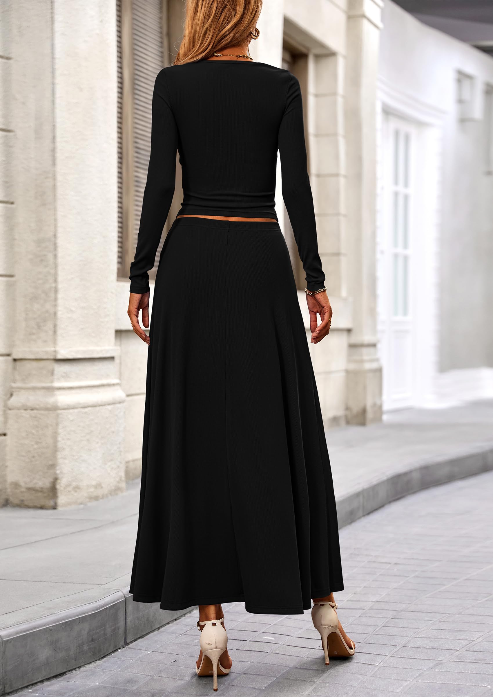 PRETTYGARDEN 2 Piece Casual Ribbed Knit Long Sleeve Crop Tops Maxi Flowy Skirts Matching Sets