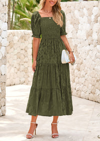PRETTYGARDEN Women's Casual Midi Dresses Square Neck Short Sleeve Smocked A Line Floral Flowy Elegant Boho Dress