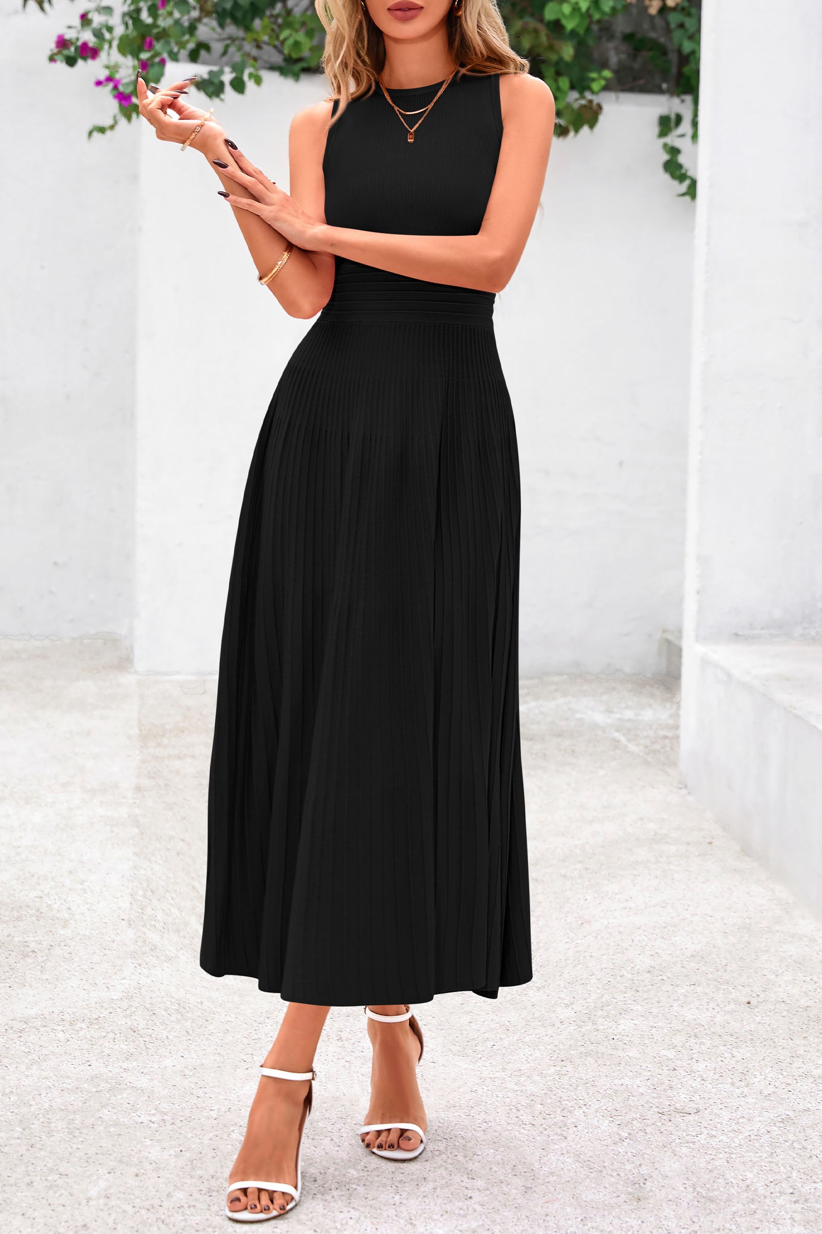 PRETTYGARDEN Spring Casual Dresses for Women Summer Business Work Midi Sleeveless A Line Pleated Cocktail Dress