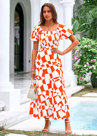 PRETTYGARDEN Women's Summer Boho Midi Dress Off Shoulder Puff Sleeve Print Smocked Ruffle Beach Long Flowy Dresses