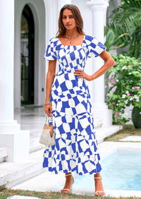 PRETTYGARDEN Women's Summer Boho Midi Dress Off Shoulder Puff Sleeve Print Smocked Ruffle Beach Long Flowy Dresses