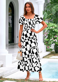 PRETTYGARDEN Women's Summer Boho Midi Dress Off Shoulder Puff Sleeve Print Smocked Ruffle Beach Long Flowy Dresses