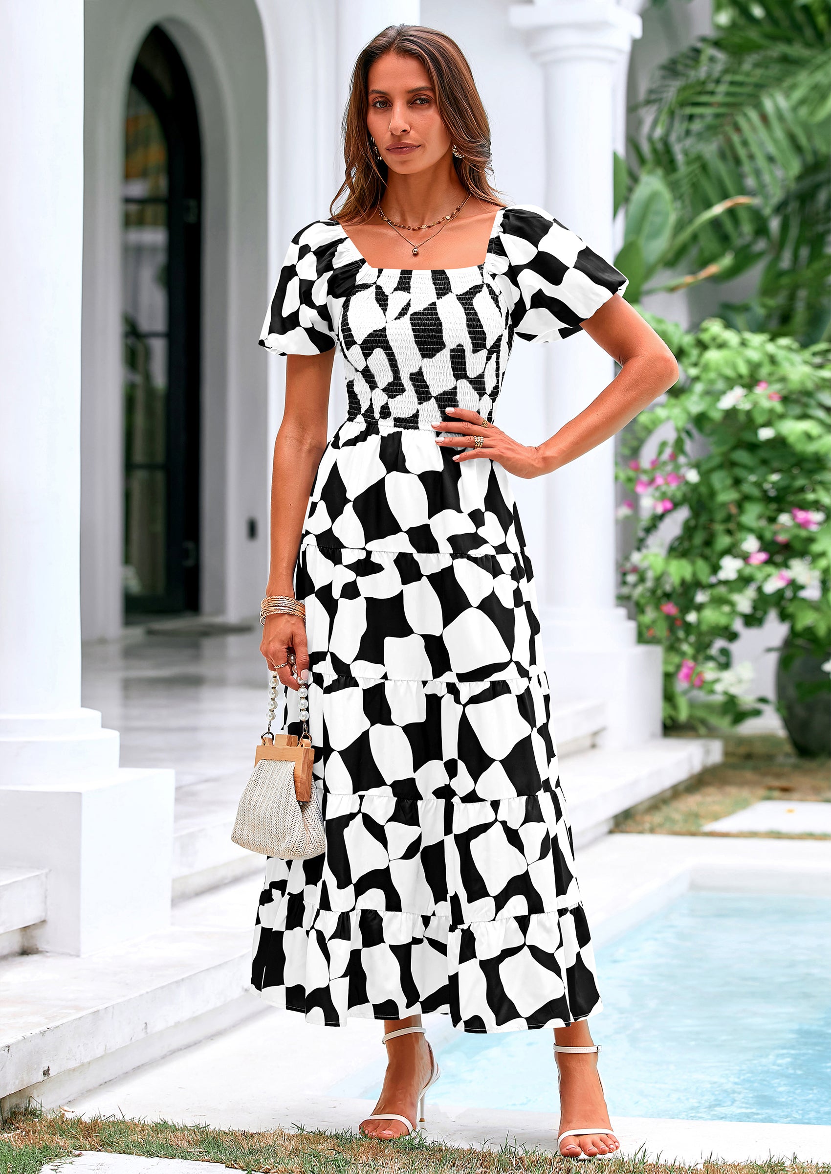 PRETTYGARDEN Women's Summer Boho Midi Dress Off Shoulder Puff Sleeve Print Smocked Ruffle Beach Long Flowy Dresses