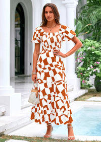 PRETTYGARDEN Women's Summer Boho Midi Dress Off Shoulder Puff Sleeve Print Smocked Ruffle Beach Long Flowy Dresses