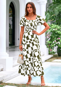 PRETTYGARDEN Women's Summer Boho Midi Dress Off Shoulder Puff Sleeve Print Smocked Ruffle Beach Long Flowy Dresses