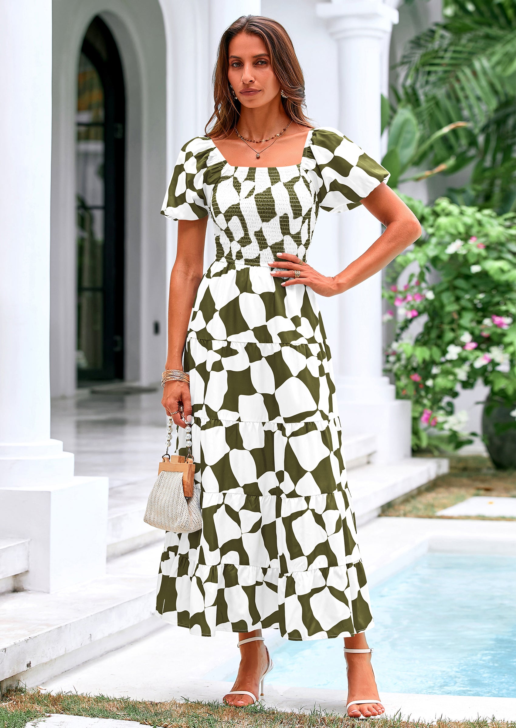 PRETTYGARDEN Women's Summer Boho Midi Dress Off Shoulder Puff Sleeve Print Smocked Ruffle Beach Long Flowy Dresses