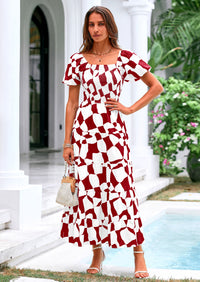 PRETTYGARDEN Women's Summer Boho Midi Dress Off Shoulder Puff Sleeve Print Smocked Ruffle Beach Long Flowy Dresses