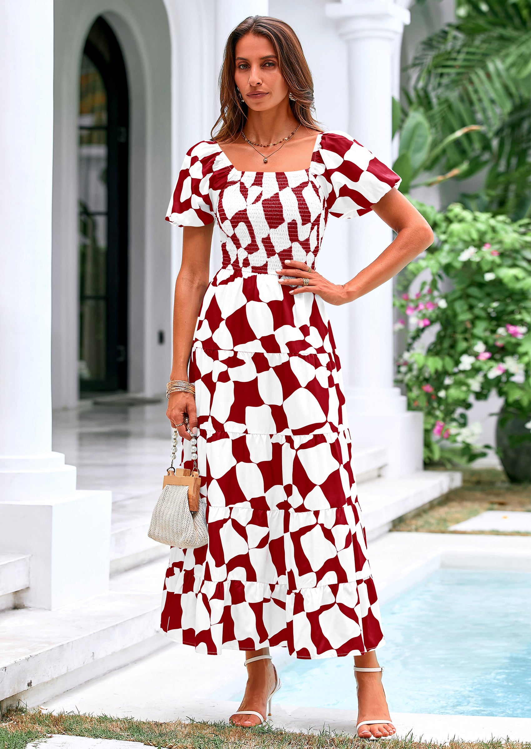 PRETTYGARDEN Women's Summer Boho Midi Dress Off Shoulder Puff Sleeve Print Smocked Ruffle Beach Long Flowy Dresses