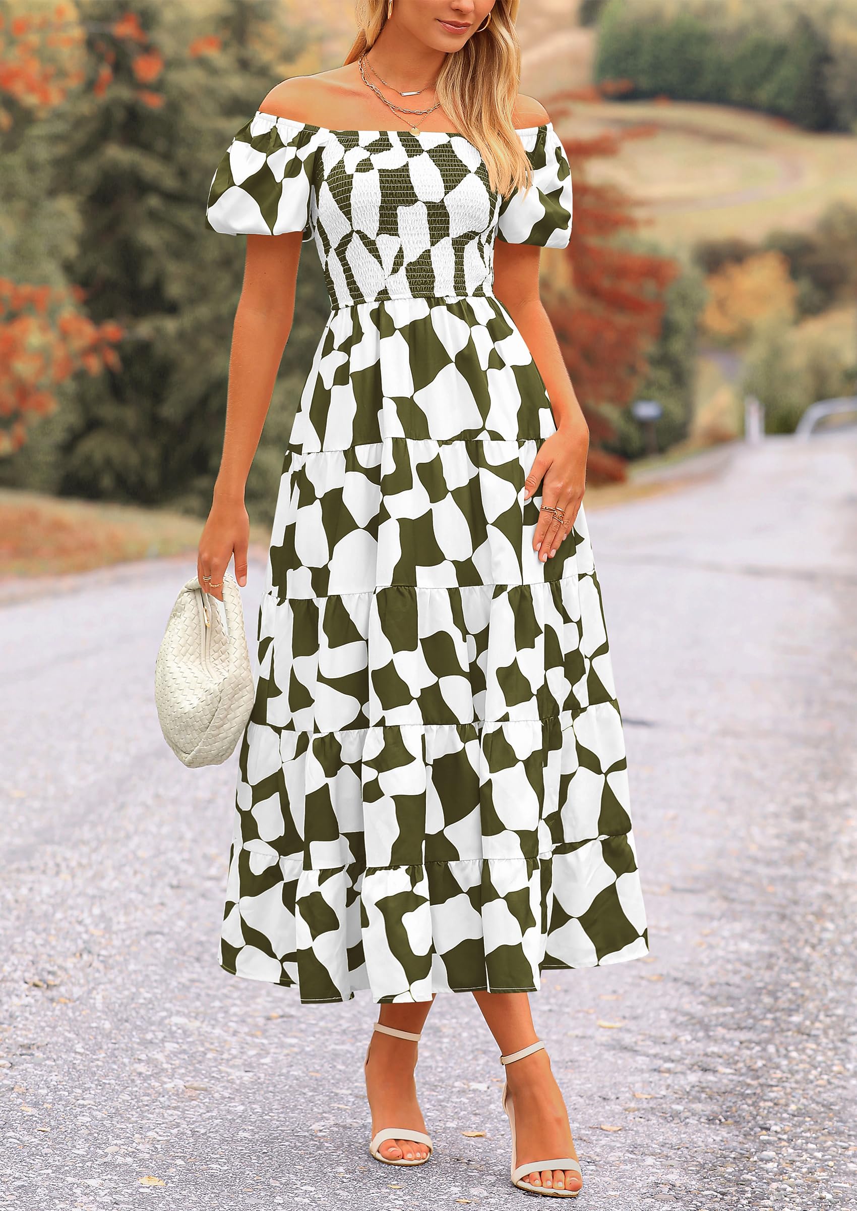 PRETTYGARDEN Women's Summer Boho Midi Dress Off Shoulder Puff Sleeve Print Smocked Ruffle Beach Long Flowy Dresses