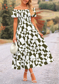 PRETTYGARDEN Women's Summer Boho Midi Dress Off Shoulder Puff Sleeve Print Smocked Ruffle Beach Long Flowy Dresses