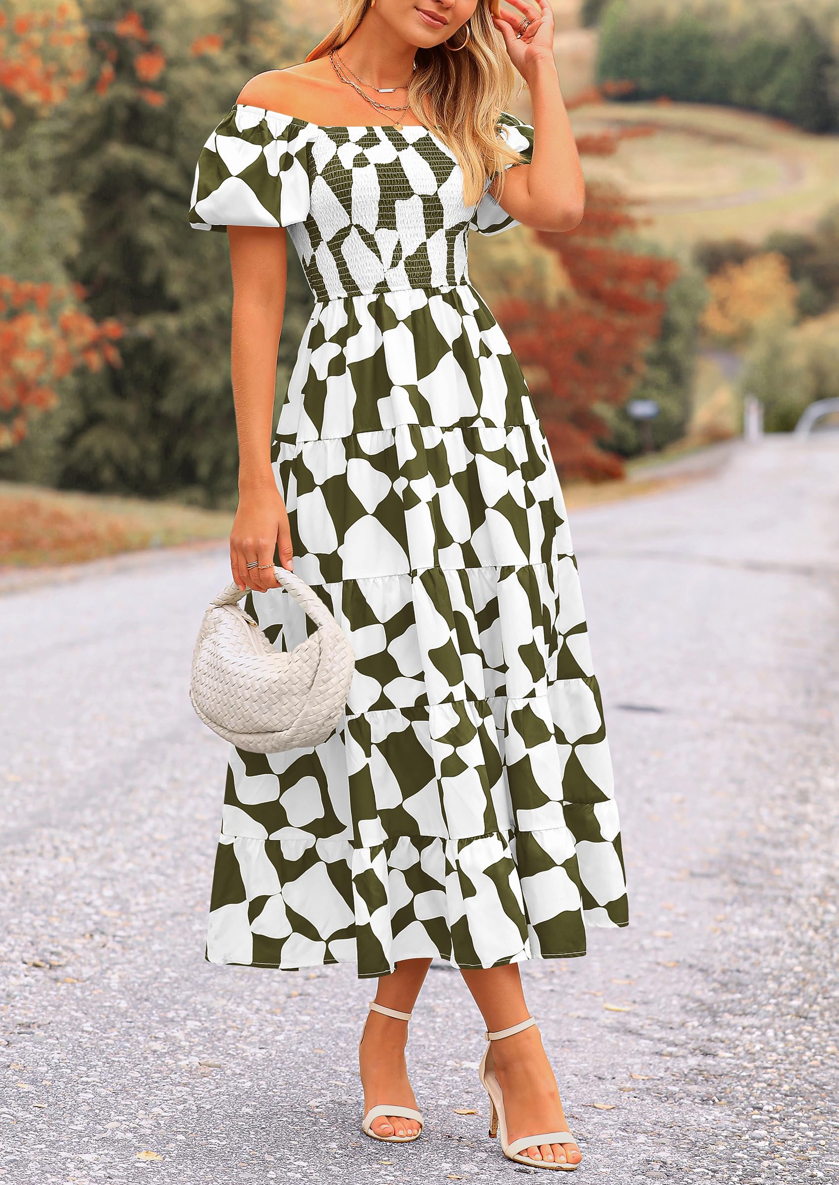 PRETTYGARDEN Women's Summer Boho Midi Dress Off Shoulder Puff Sleeve Print Smocked Ruffle Beach Long Flowy Dresses