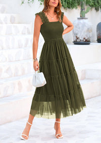 PRETTYGARDEN Women's Tulle Midi Dress Sleeveless Smocked Ruffle Mesh Flowy Dresses Party Wedding Guest Sundress