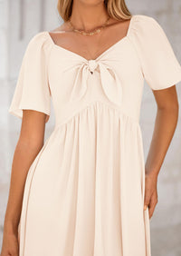 PRETTYGARDEN Summer Dress for Women Casual Short Sleeve Bow Tie V Neck Ruffle Midi Flowy Dresses