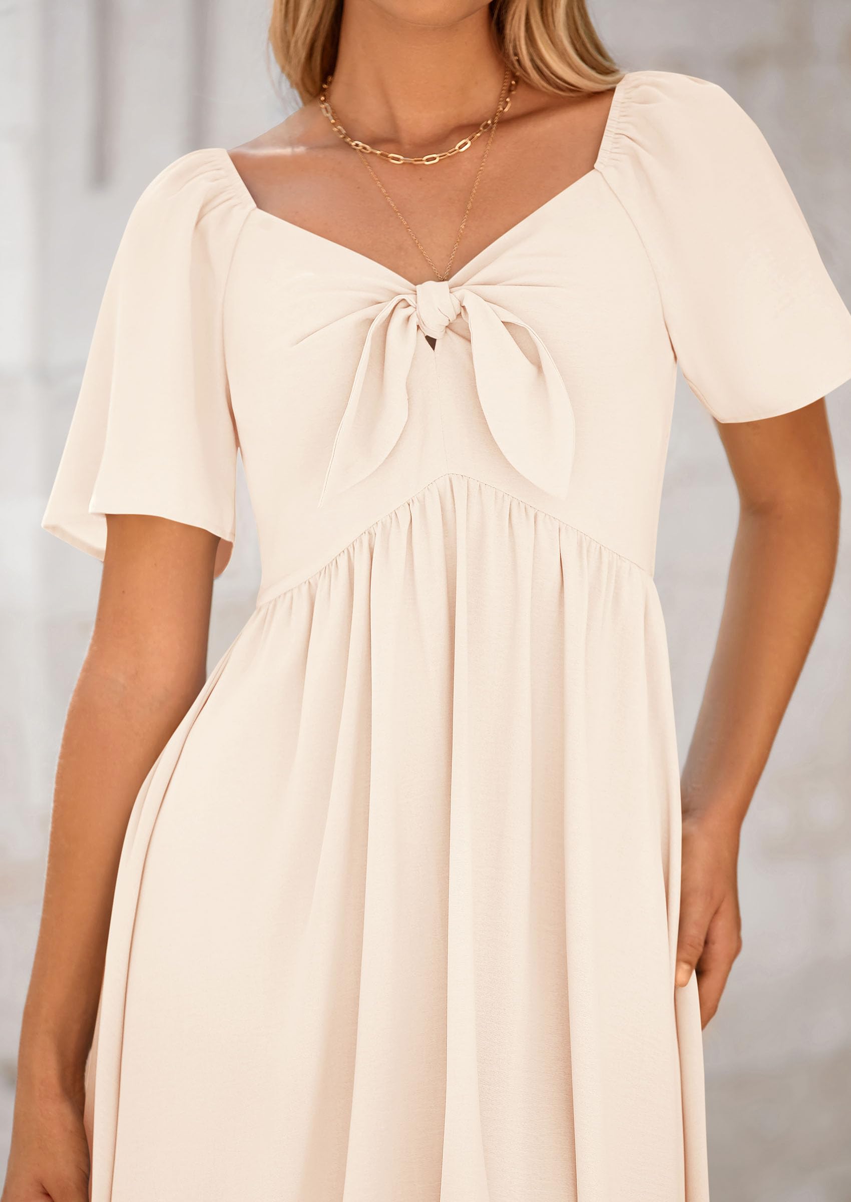 PRETTYGARDEN Summer Dress for Women Casual Short Sleeve Bow Tie V Neck Ruffle Midi Flowy Dresses