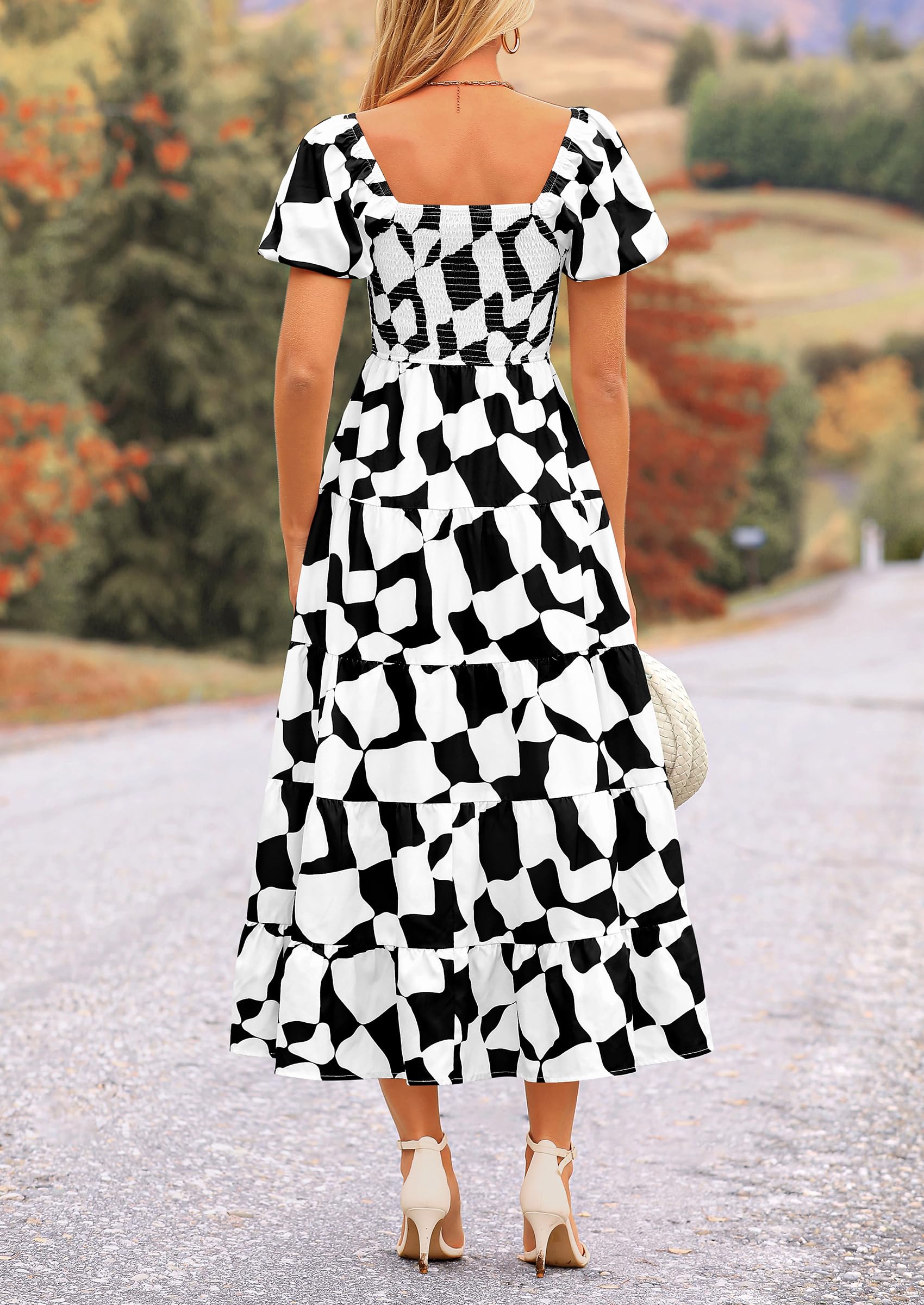 PRETTYGARDEN Women's Summer Boho Midi Dress Off Shoulder Puff Sleeve Print Smocked Ruffle Beach Long Flowy Dresses