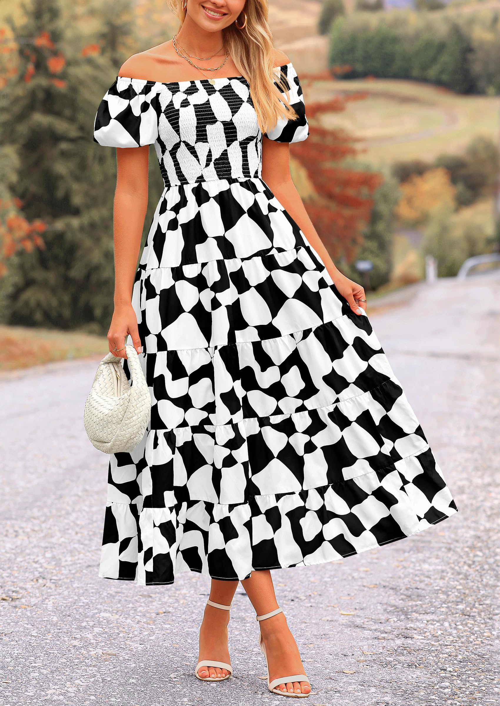 PRETTYGARDEN Women's Summer Boho Midi Dress Off Shoulder Puff Sleeve Print Smocked Ruffle Beach Long Flowy Dresses