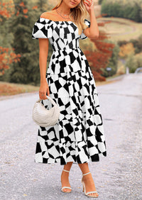 PRETTYGARDEN Women's Summer Boho Midi Dress Off Shoulder Puff Sleeve Print Smocked Ruffle Beach Long Flowy Dresses