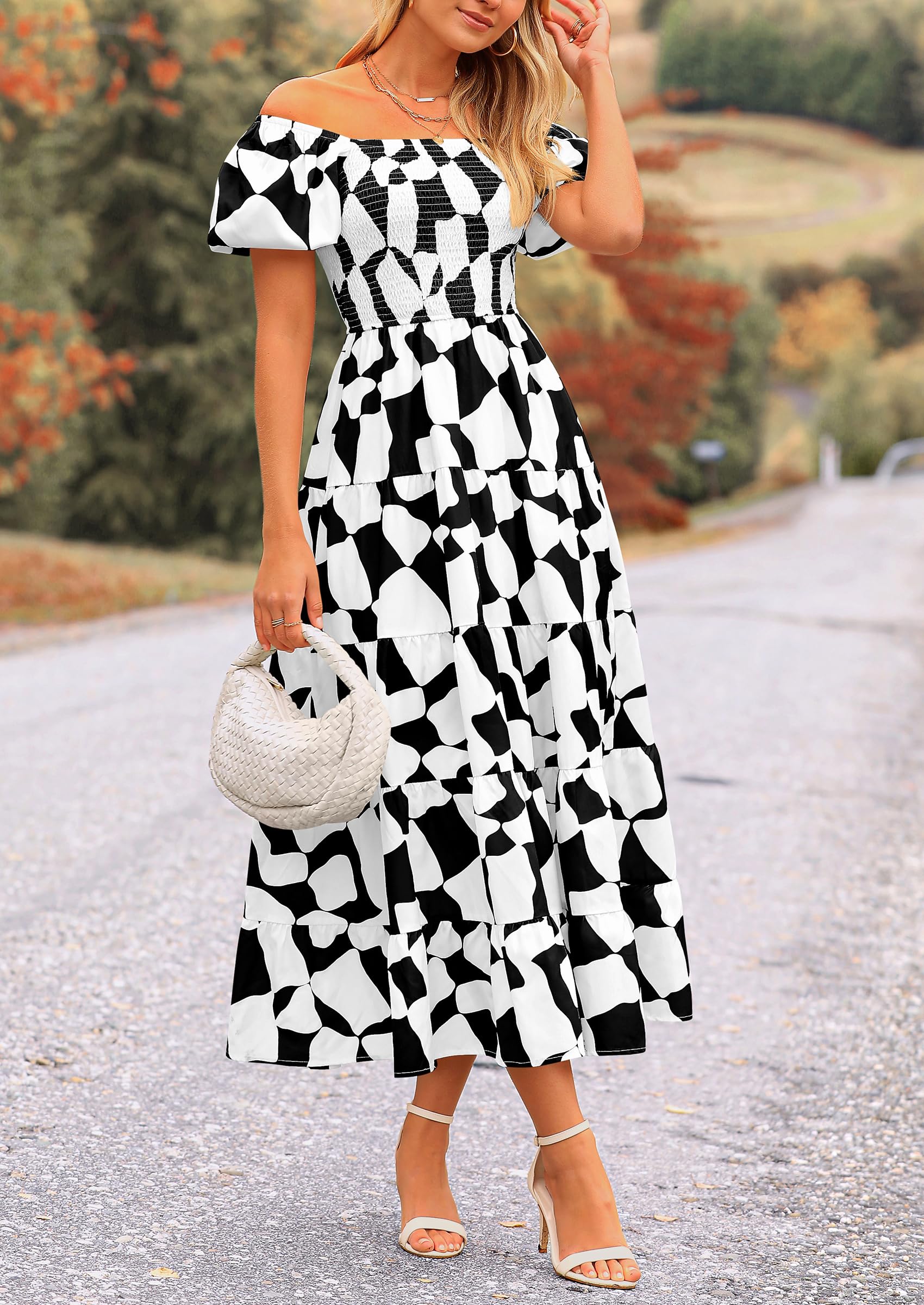 PRETTYGARDEN Women's Summer Boho Midi Dress Off Shoulder Puff Sleeve Print Smocked Ruffle Beach Long Flowy Dresses