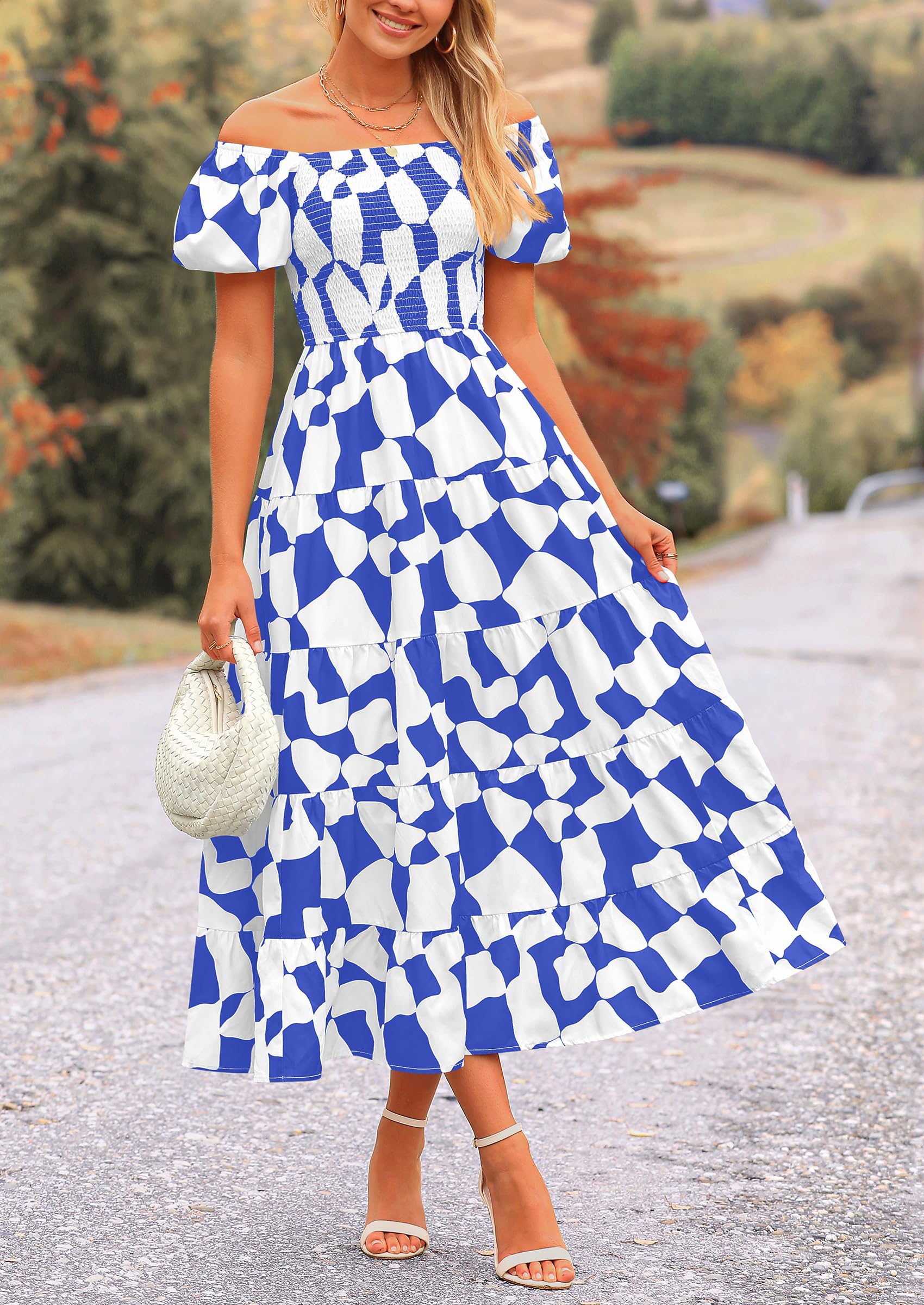 PRETTYGARDEN Women's Summer Boho Midi Dress Off Shoulder Puff Sleeve Print Smocked Ruffle Beach Long Flowy Dresses