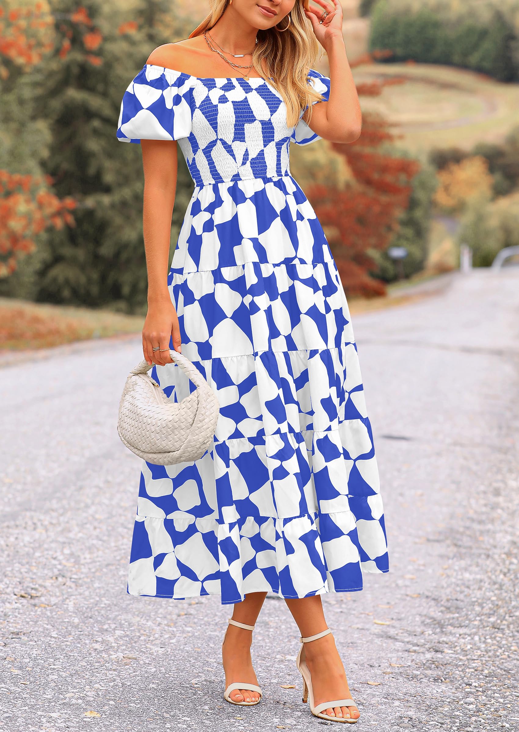 PRETTYGARDEN Women's Summer Boho Midi Dress Off Shoulder Puff Sleeve Print Smocked Ruffle Beach Long Flowy Dresses