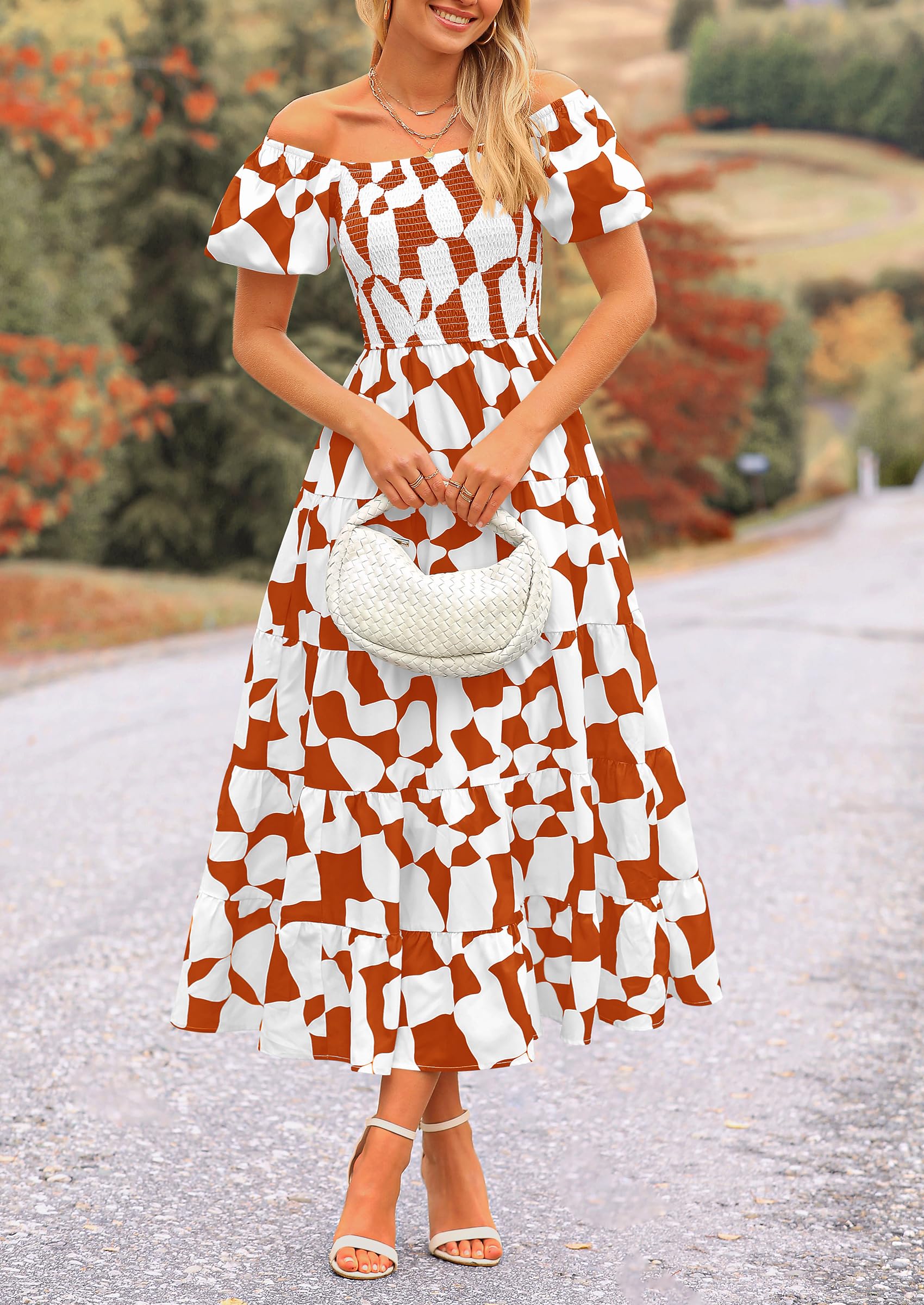 PRETTYGARDEN Women's Summer Boho Midi Dress Off Shoulder Puff Sleeve Print Smocked Ruffle Beach Long Flowy Dresses