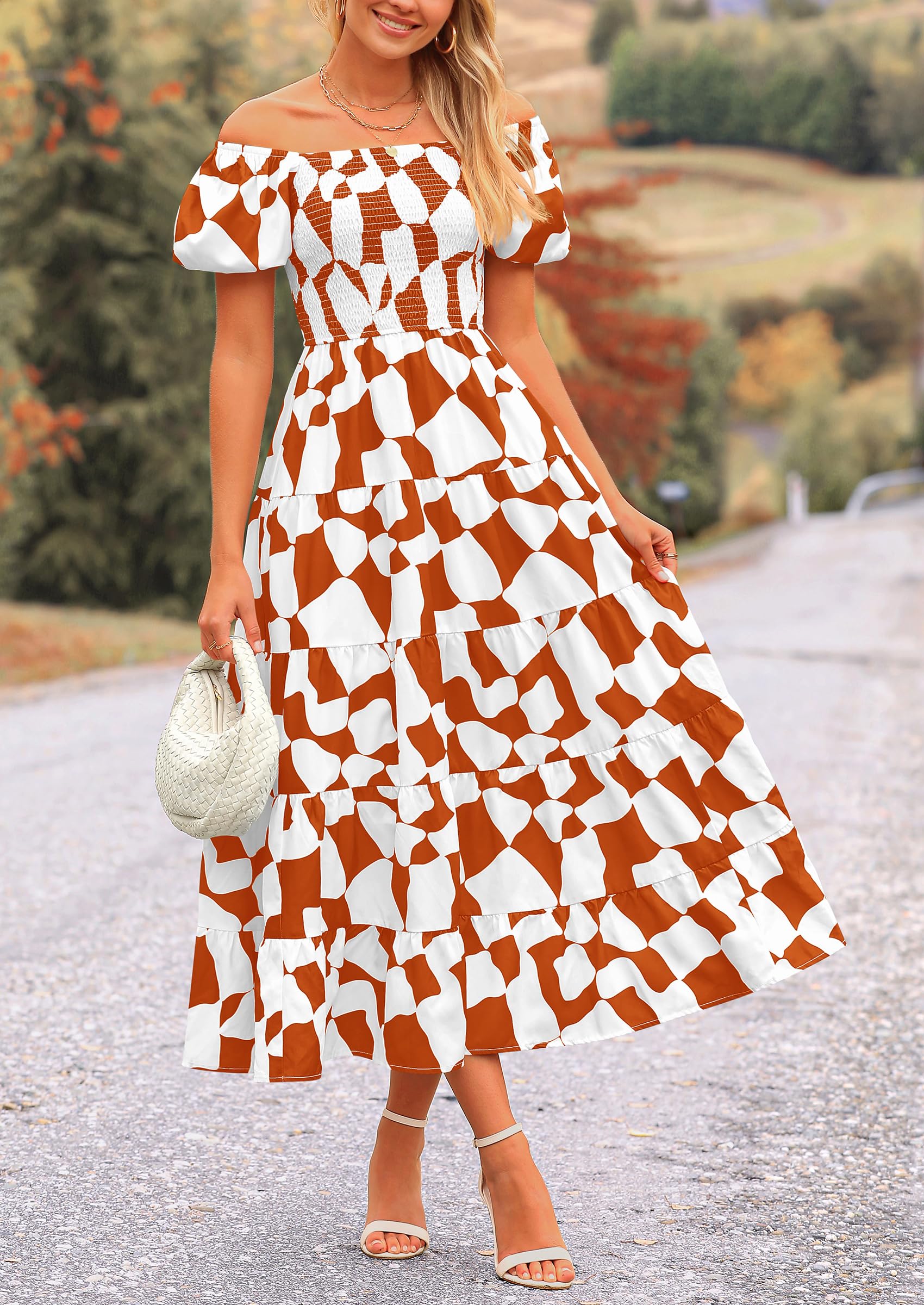 PRETTYGARDEN Women's Summer Boho Midi Dress Off Shoulder Puff Sleeve Print Smocked Ruffle Beach Long Flowy Dresses