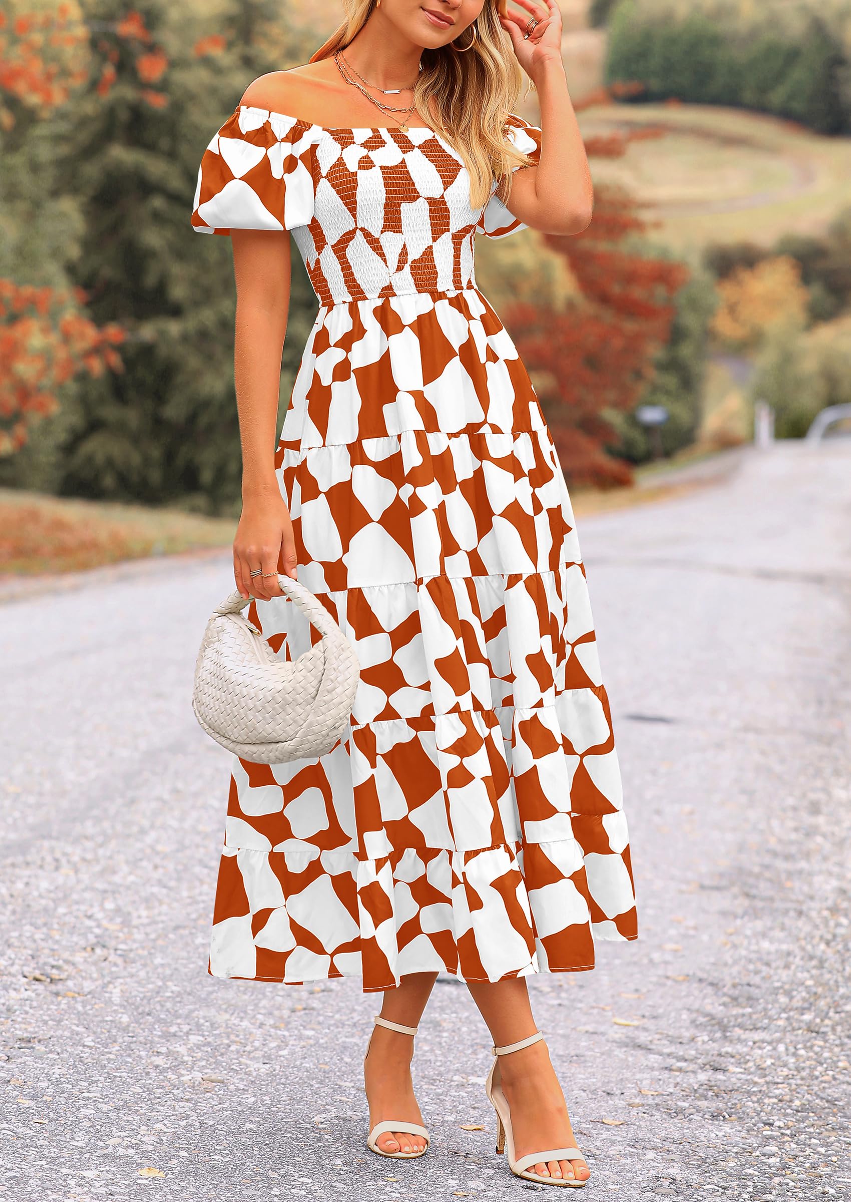 PRETTYGARDEN Women's Summer Boho Midi Dress Off Shoulder Puff Sleeve Print Smocked Ruffle Beach Long Flowy Dresses