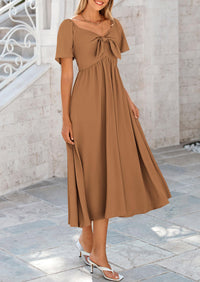 PRETTYGARDEN Summer Dress for Women Casual Short Sleeve Bow Tie V Neck Ruffle Midi Flowy Dresses