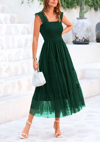 PRETTYGARDEN Women's Tulle Midi Dress Sleeveless Smocked Ruffle Mesh Flowy Dresses Party Wedding Guest Sundress