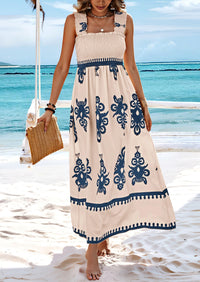 PRETTYGARDEN Womens Summer Boho Maxi Dress Casual Sleeveless Square Neck Floral Aline Smocked Beach Dresses with Pockets