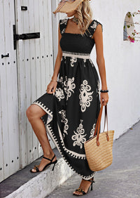 PRETTYGARDEN Womens Summer Boho Maxi Dress Casual Sleeveless Square Neck Floral Aline Smocked Beach Dresses with Pockets