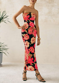 PRETTYGARDEN Women's Floral Bodycon Maxi Dresses Ribbed Strapless Tube Casual Boho Party Long Dress