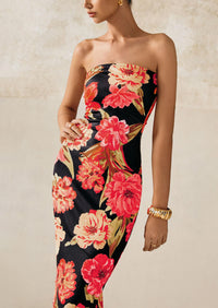 PRETTYGARDEN Women's Floral Bodycon Maxi Dresses Ribbed Strapless Tube Casual Boho Party Long Dress