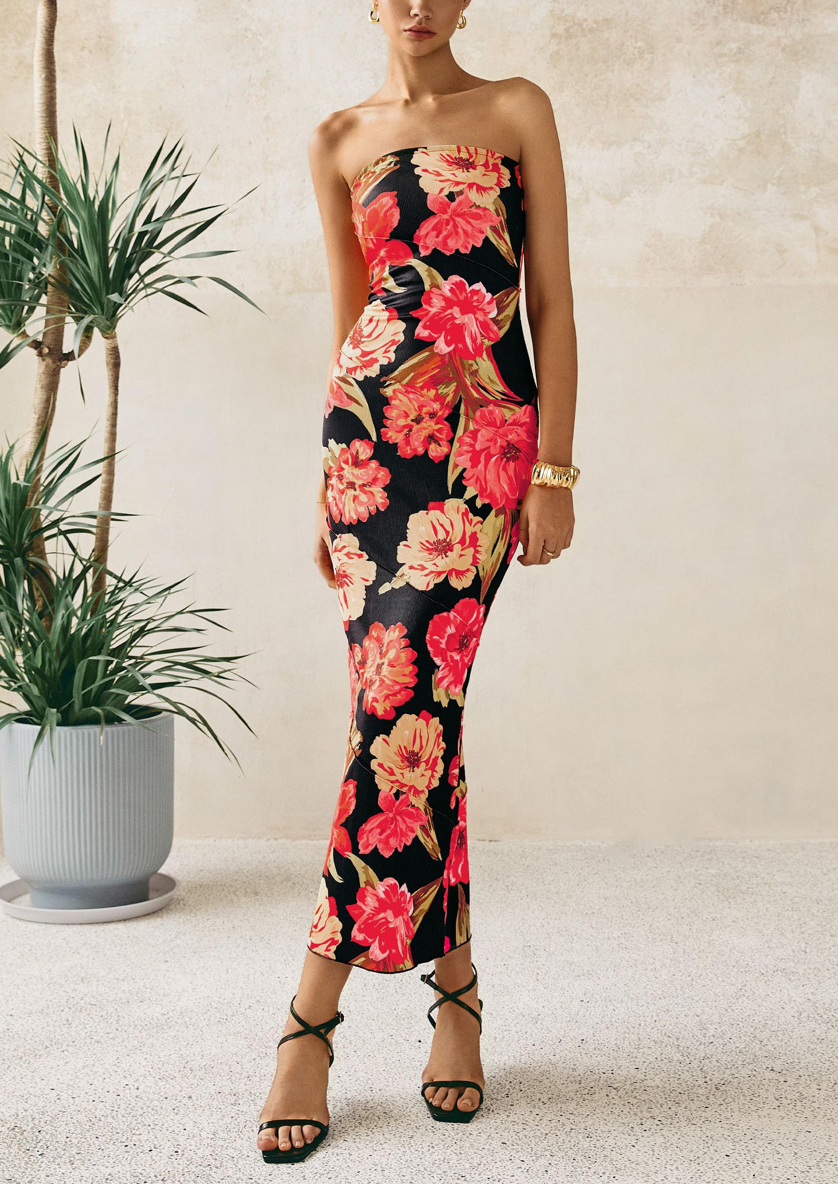 PRETTYGARDEN Women's Floral Bodycon Maxi Dresses Ribbed Strapless Tube Casual Boho Party Long Dress