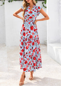 PRETTYGARDEN Women's Summer Floral Midi Dress Cap Sleeve V Neck Ruffle Long Flowy Boho Casual Beach Vacation Dresses