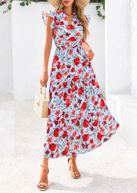 PRETTYGARDEN Women's Summer Floral Midi Dress Cap Sleeve V Neck Ruffle Long Flowy Boho Casual Beach Vacation Dresses