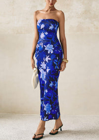 PRETTYGARDEN Women's Floral Bodycon Maxi Dresses Ribbed Strapless Tube Casual Boho Party Long Dress