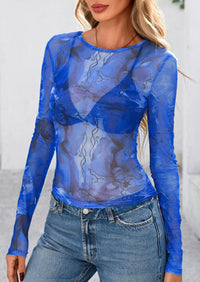 PRETTYGARDEN Women's Mesh Long Sleeve Top Trendy Fall See Through Sheer Blouse Leopard Fitted Going Out Layering Shirts