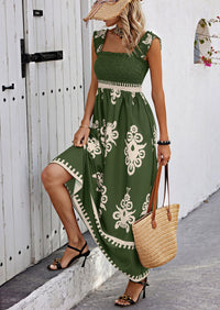 PRETTYGARDEN Womens Summer Boho Maxi Dress Casual Sleeveless Square Neck Floral Aline Smocked Beach Dresses with Pockets