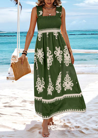 PRETTYGARDEN Womens Summer Boho Maxi Dress Casual Sleeveless Square Neck Floral Aline Smocked Beach Dresses with Pockets