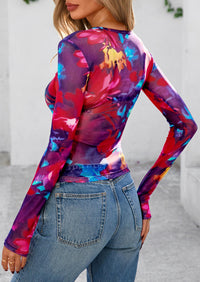 PRETTYGARDEN Women's Mesh Long Sleeve Top Trendy Fall See Through Sheer Blouse Leopard Fitted Going Out Layering Shirts