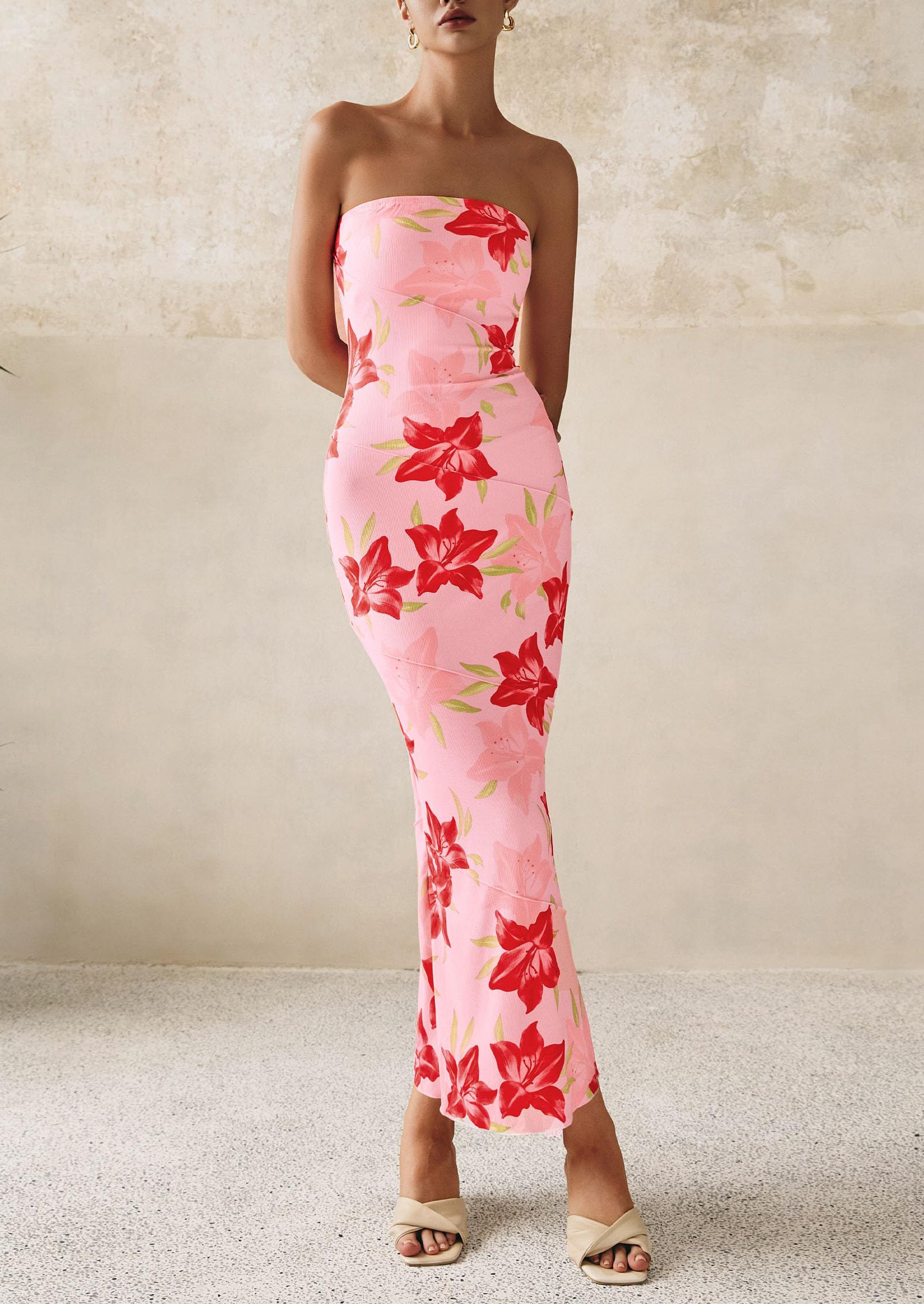 PRETTYGARDEN Women's Floral Bodycon Maxi Dresses Ribbed Strapless Tube Casual Boho Party Long Dress