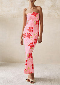 PRETTYGARDEN Women's Floral Bodycon Maxi Dresses Ribbed Strapless Tube Casual Boho Party Long Dress