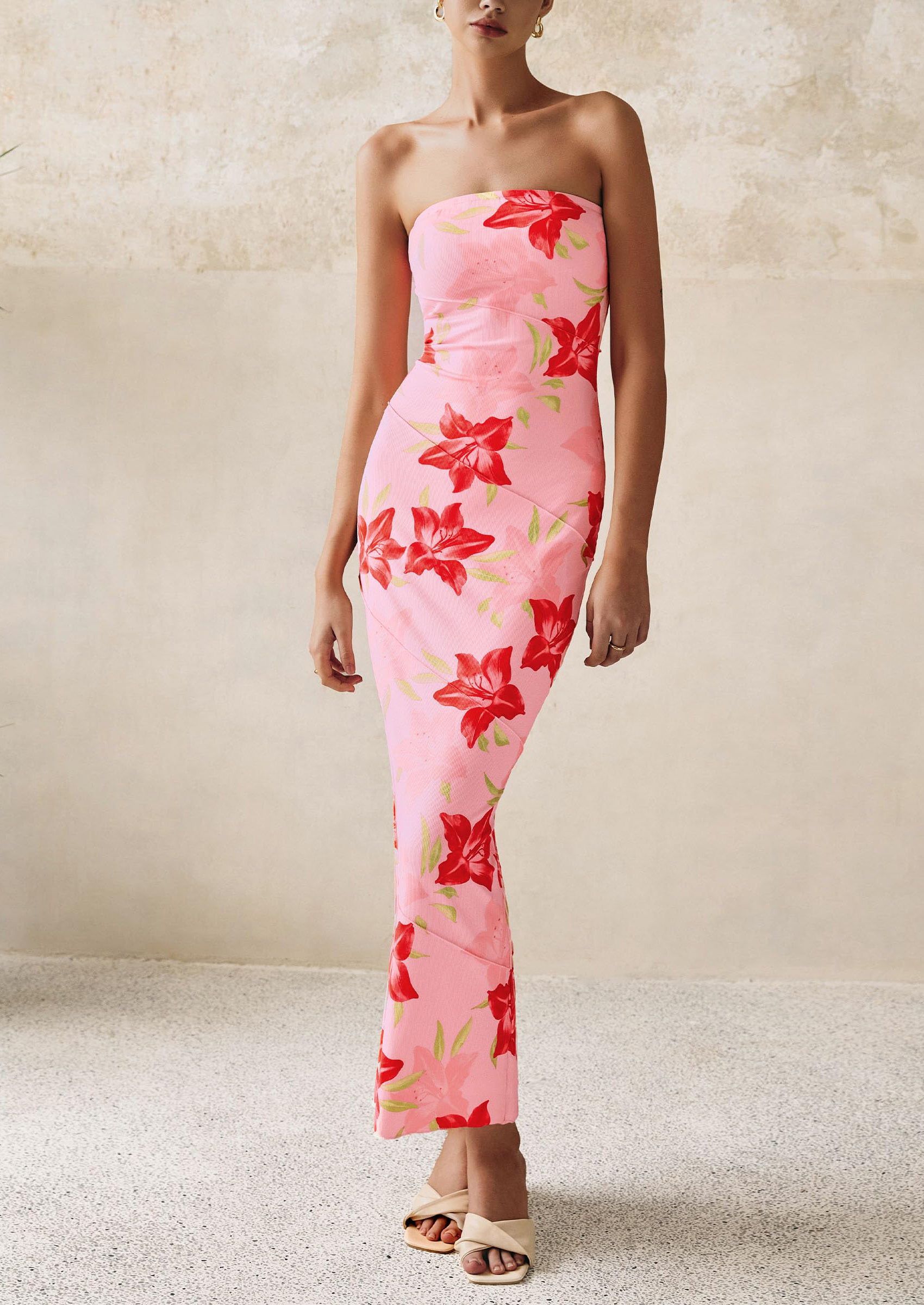 PRETTYGARDEN Women's Floral Bodycon Maxi Dresses Ribbed Strapless Tube Casual Boho Party Long Dress