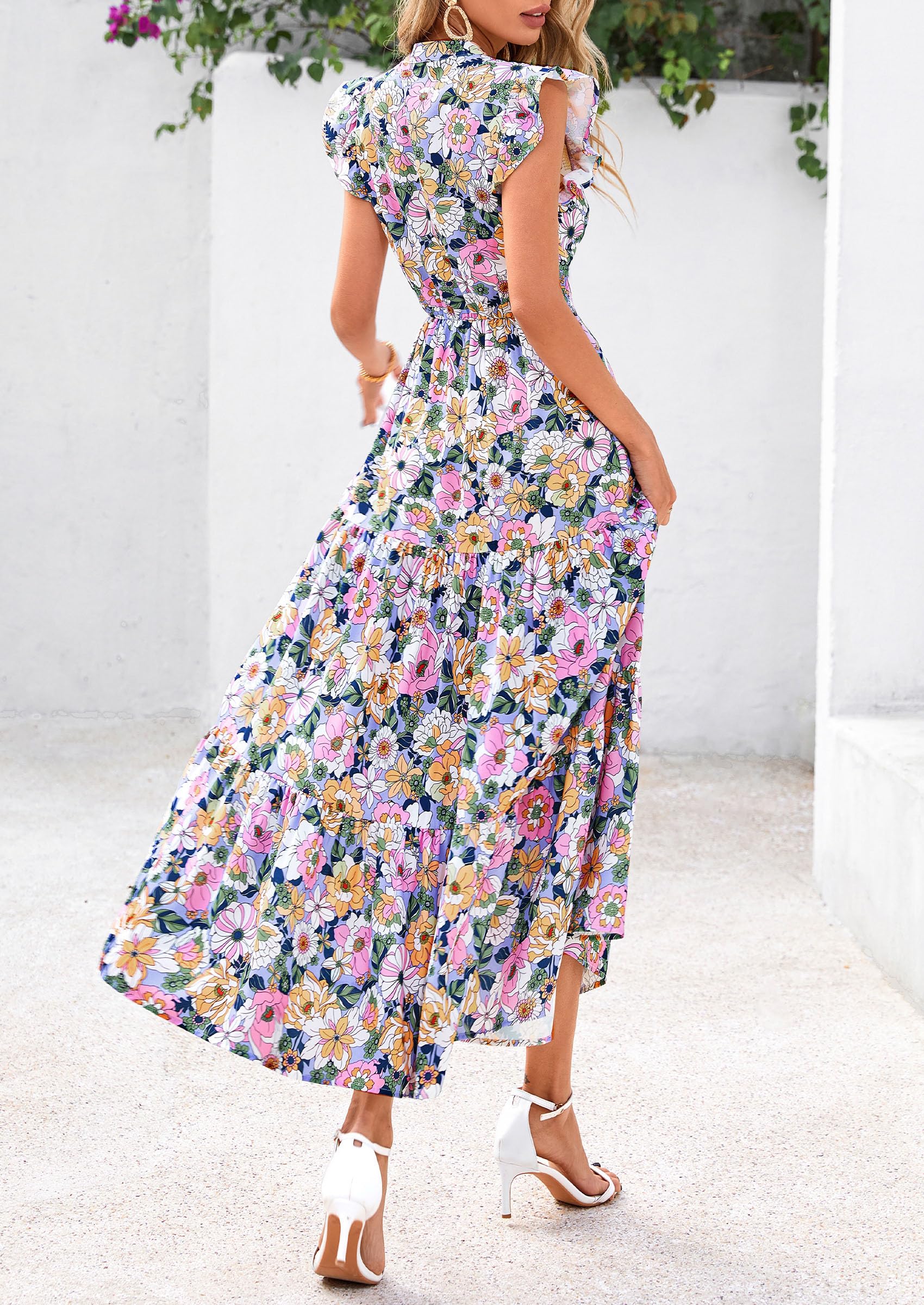 PRETTYGARDEN Women's Summer Floral Midi Dress Cap Sleeve V Neck Ruffle Long Flowy Boho Casual Beach Vacation Dresses
