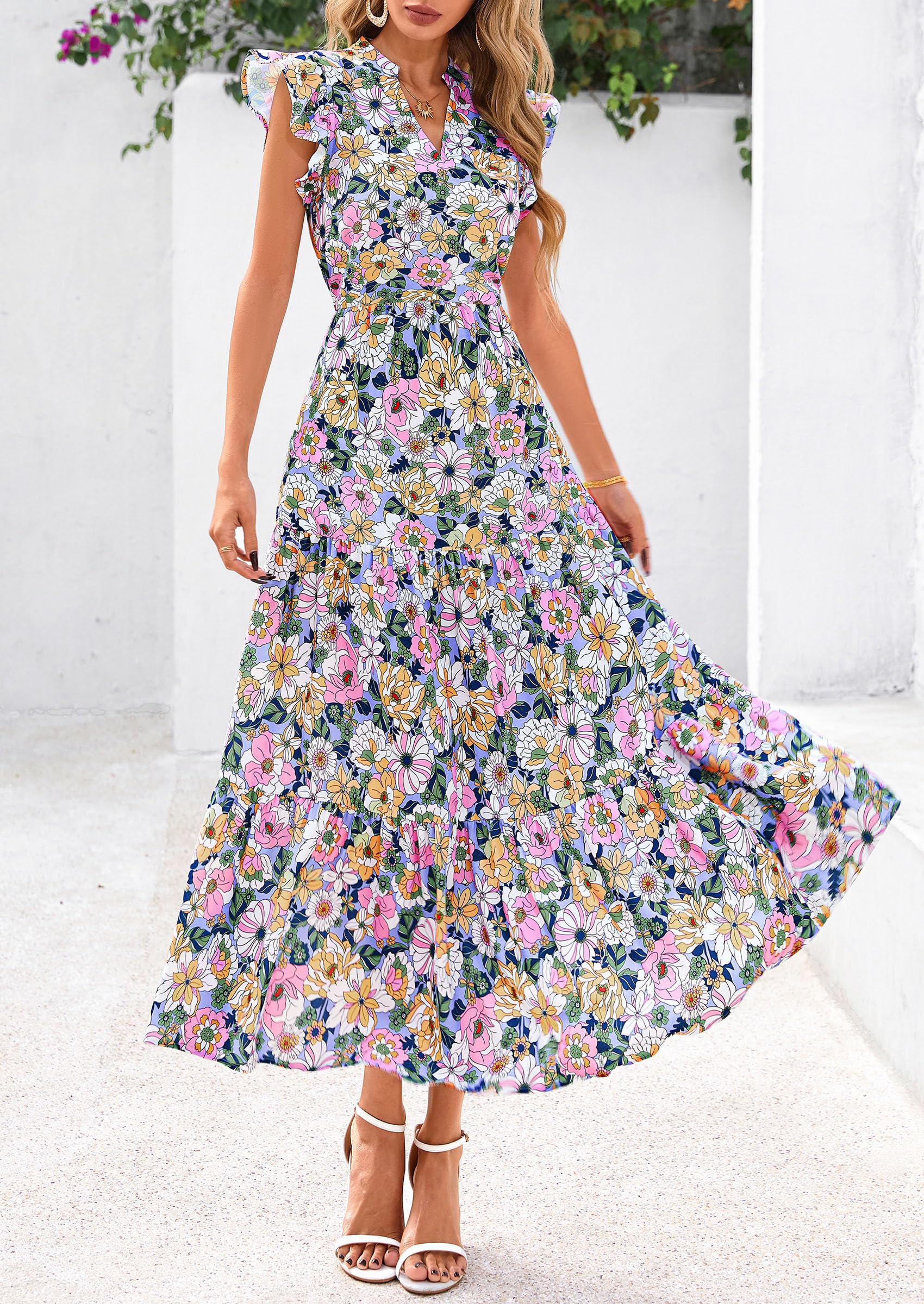PRETTYGARDEN Women's Summer Floral Midi Dress Cap Sleeve V Neck Ruffle Long Flowy Boho Casual Beach Vacation Dresses