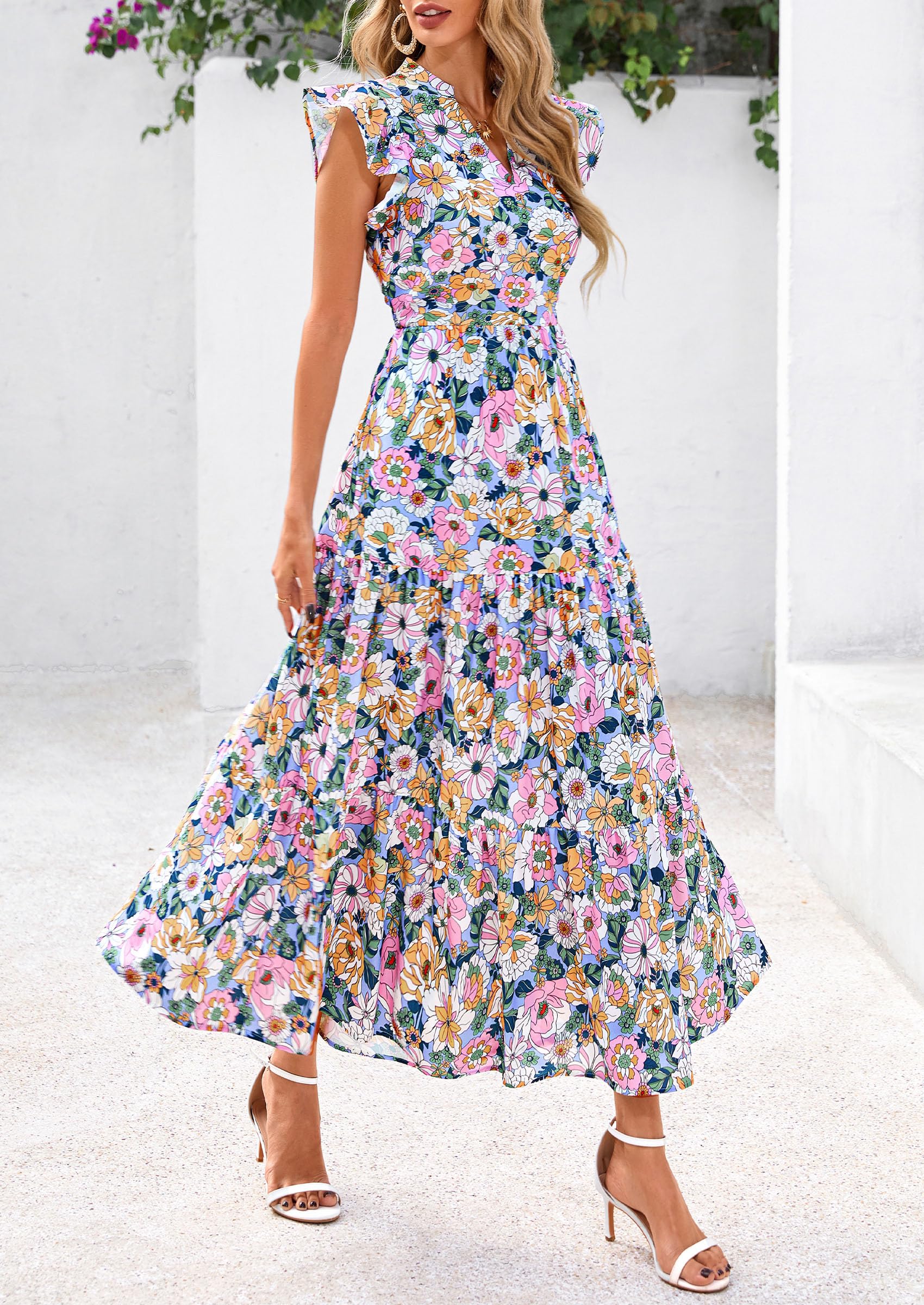 PRETTYGARDEN Women's Summer Floral Midi Dress Cap Sleeve V Neck Ruffle Long Flowy Boho Casual Beach Vacation Dresses