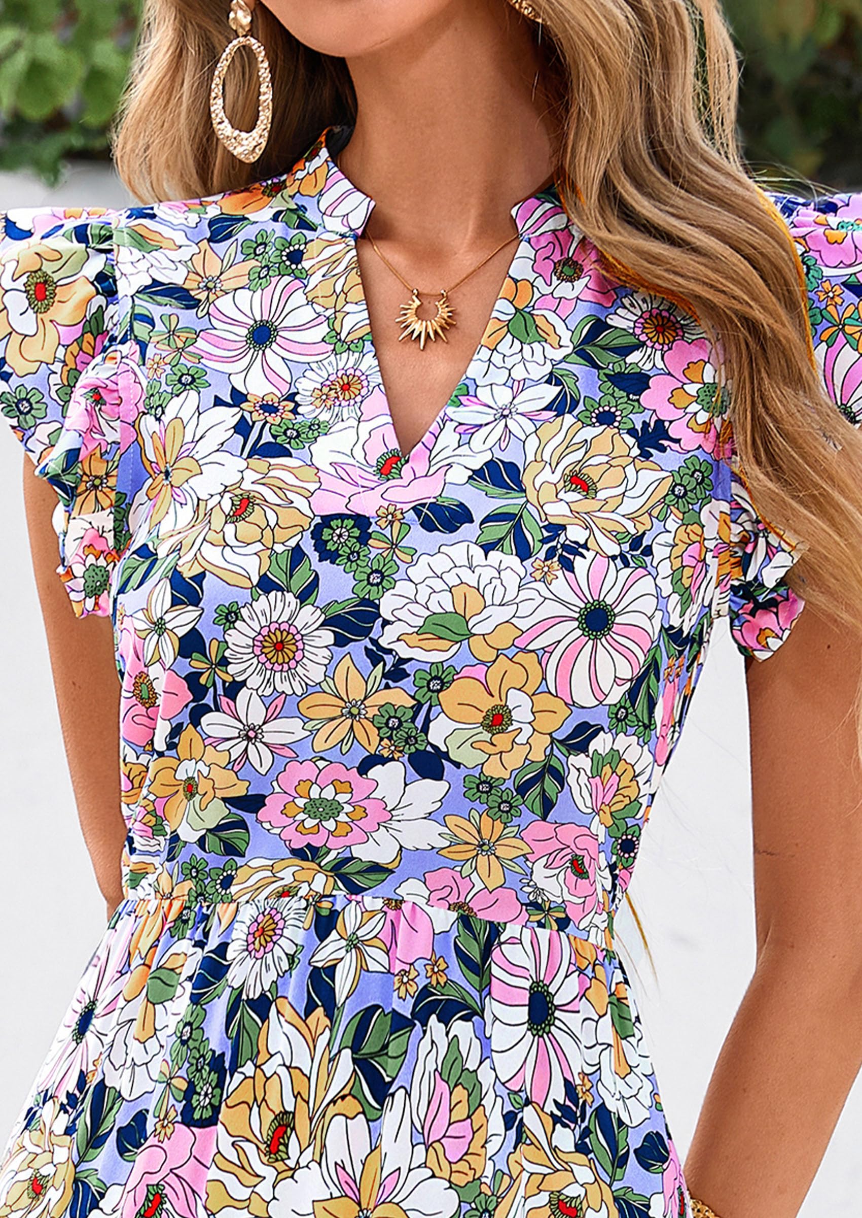 PRETTYGARDEN Women's Summer Floral Midi Dress Cap Sleeve V Neck Ruffle Long Flowy Boho Casual Beach Vacation Dresses