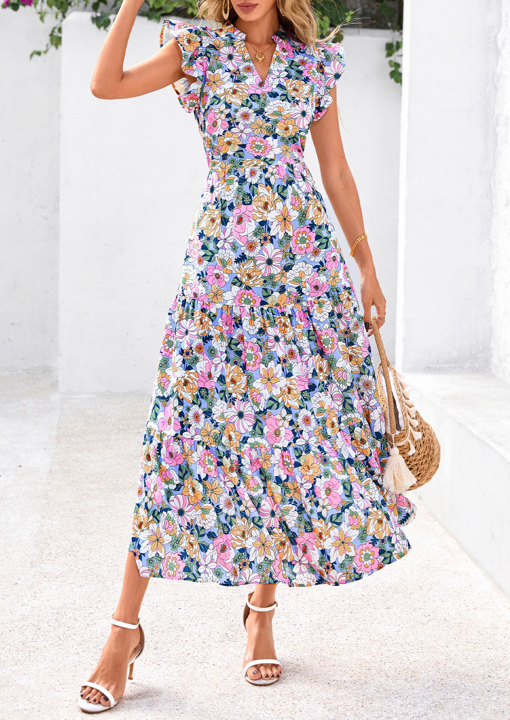 PRETTYGARDEN Women's Summer Floral Midi Dress Cap Sleeve V Neck Ruffle Long Flowy Boho Casual Beach Vacation Dresses