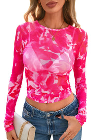 PRETTYGARDEN Women's Mesh Long Sleeve Top Trendy Fall See Through Sheer Blouse Leopard Fitted Going Out Layering Shirts